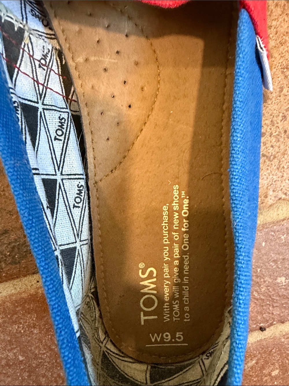 TOMS Red Canvas Slip-Ons with Blue Heel - Picture 2 of 4